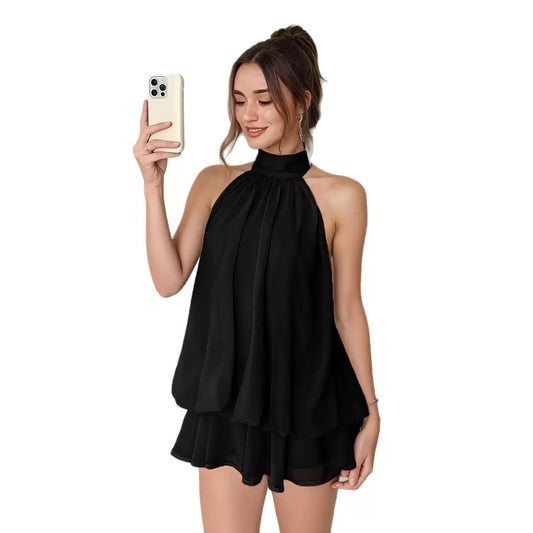 Halter midi dress front view - lightweight chiffon fabric, high waist