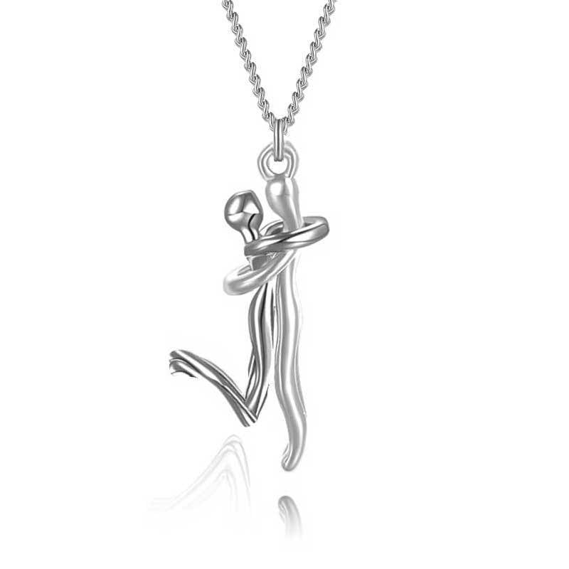 Silver hug pendant necklace with two figures embracing