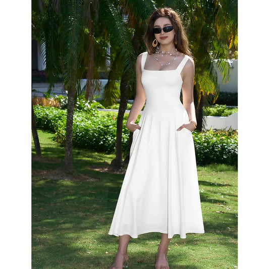 Square neck maxi dress front view - flattering A-line silhouette
