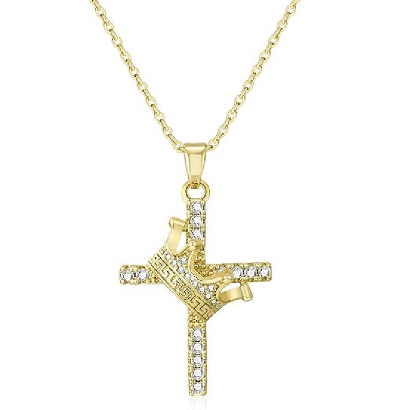 Gold cross and crown pendant necklace with pave crystal stones