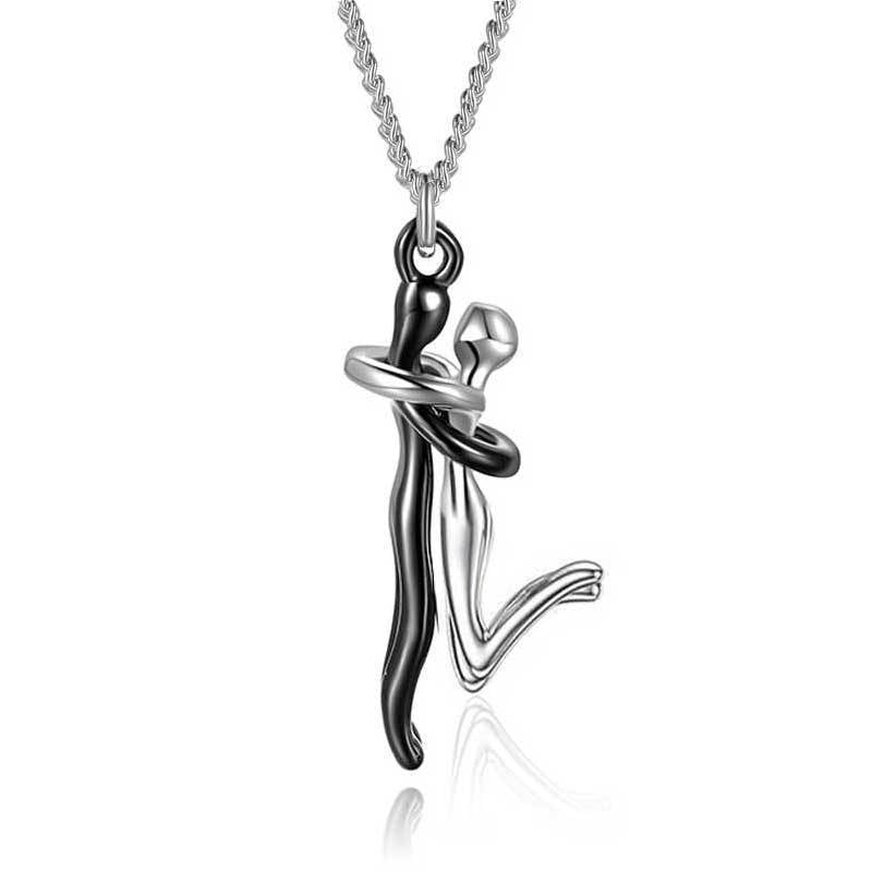 Black hug pendant necklace with two figures embracing