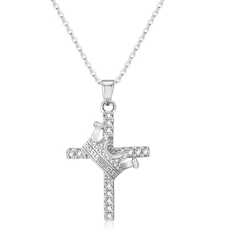Silver cross and crown pendant necklace with pave crystal stones